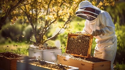 honey farming and beekeeper with crate ,Generative AI	
 - obrazy, fototapety, plakaty
