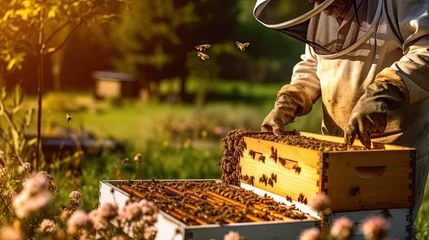 Fotobehang honey farming and beekeeper with crate ,Generative AI   © HappyTime 17