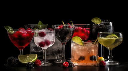 Exquisite close-up photograph of Cocktails assortment served on dark background, Generative AI