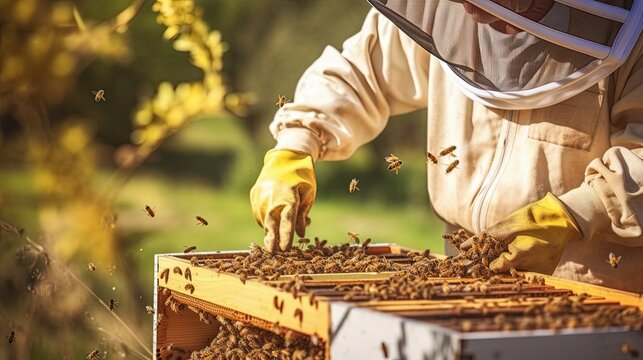 honey farming and beekeeper with crate ,Generative AI	

