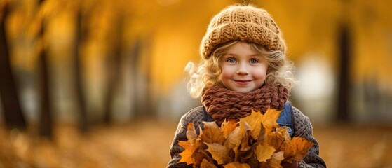 Child with autumn leaves , Generative AI	
 - obrazy, fototapety, plakaty