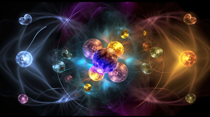 A colorful atomic image with colorful molecules and swirling liquid, in the style of ethereal atmosphere. Generative AI