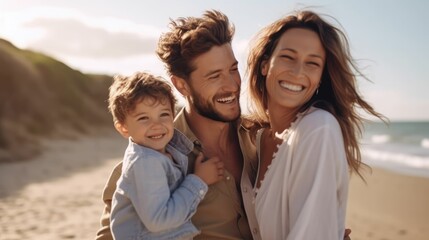 Obraz premium Happy family hugging on sunny beach