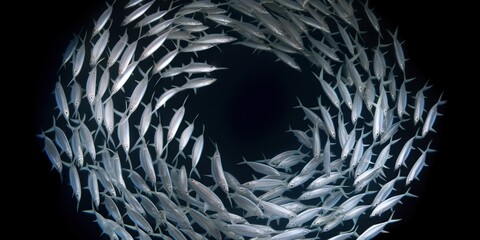 A school of fish swimming in a mesmerizing spiral formation against a contrasting background, concept of Natural harmony, created with Generative AI technology
