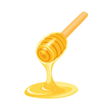 Honey dipper isolated on white background. Vector cartoon flat illustration of dripping honey from wooden dipper.