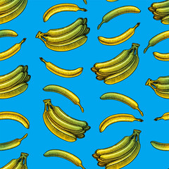 Banana fruit seamless pattern. Hand drawn with ink in vintage style. Linear graphic design. Detailed vegetarian food. Vector illustration for label, poster, print