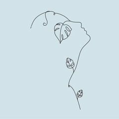 Line art Minimalist Woman Face with Leaves. Nature concept cosmetics logo. Line drawing the female profile of beauty botanical sign
