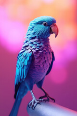 Futuristic parrot animal in metallic material and neon blue, purple and pink colors against colorful background. Generated AI.