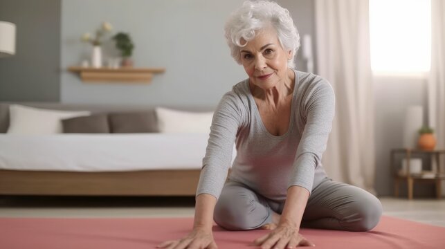 Portrait of a Senior Woman Stretching Confidently in Bedroom