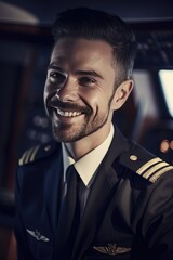 Obraz na płótnie Canvas Handsome and positive male pilot at work. smiling, generative AI