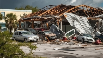 Hurricane destroyed industrial building with damaged cars under ruins. Natural disaster and its consequences. Generative AI - obrazy, fototapety, plakaty