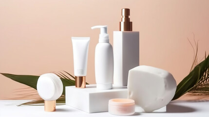 Obraz na płótnie Canvas Isolated blank white skincare product set, no label or logo, surrounded by natural items, marketing concept. Generative AI