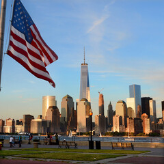 Skyline  of New York with USA Flag  on Waterfront, New Jersey