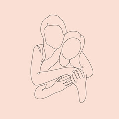 Happy mothers day. Continuous single drawn one line. Happy mother exiting and holding her baby. adorable baby and mother line silhouette. Happy mom holds her infant. Cute simple vector illustration