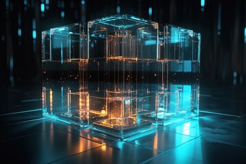 Glowing Digital Glass Cube 3D Render with Cinematic Lighting - Generative AI