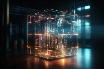 Glowing Digital Glass Cube 3D Render with Cinematic Lighting - Generative AI