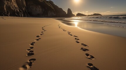 Fresh Footprints Etched in Soft Sand of Tranquil Beach - Generative AI