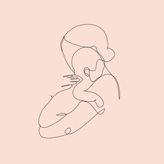 Abstract family continuous line art. Young mom hugging her baby child. Hand drawn illustration for Happy International Mother's Day card, loving family, parenthood childhood concept