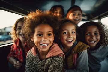 Fototapeta premium A group of children smiling on a bus