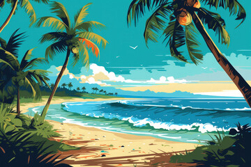 Naklejka premium Drawing tropical beach summer background. Graphic illustration design. Generative ai.