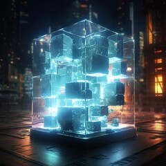 Cinematic Lighting on Digital Glass Cube 3D Render - Generative AI
