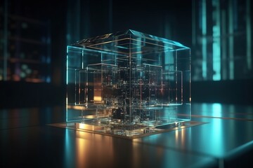 Glowing Digital Glass Cube 3D Render with Cinematic Lighting - Generative AI
