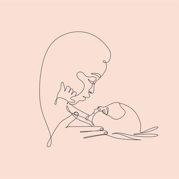 Abstract family continuous line art. Young mom hugging her baby child. Hand drawn illustration for Happy International Mother's Day card, loving family, parenthood childhood concept