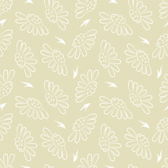 Vector seamless bicolor pattern with white daisies, on a light yellow background for fabric design, wallpaper, gift wrapping.