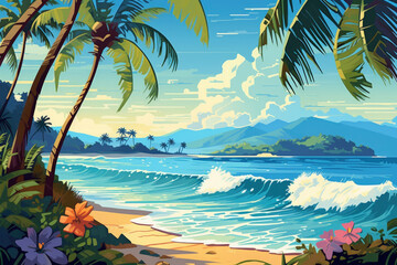 Obraz na płótnie Canvas Drawing tropical beach summer background. Graphic illustration design. Generative ai.