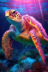 Futuristic turtle animal in metallic material and neon blue, purple and pink colors against colorful background. Generated AI.