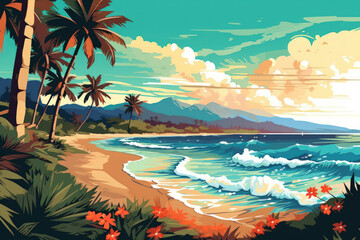 Drawing tropical beach summer background. Graphic illustration design. Generative ai. - 601116179