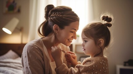 Mother fixing daughters hair into pigtails in bedroom