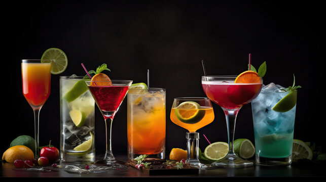 Capture a mouthwatering and exquisite close-up photograph of Cocktails assortment served on dark background, Generative AI