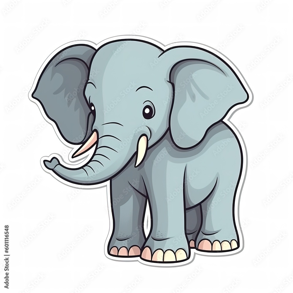 Wall mural Cartoon sticker of a cute baby elephant over white background. Generative AI illustration