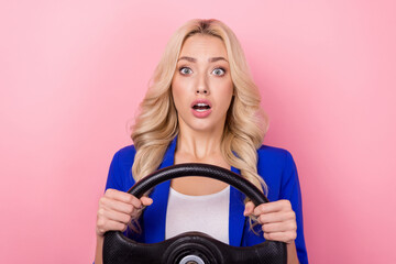 Photo of sweet impressed woman dressed blue blazer open mouth driving auto isolated pink color background