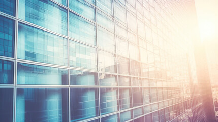 Modern building in the city with sunlight. Abstract texture and blue glass facade in modern office building. Retro stylized colorful tonal filter effect. Sunlight, Generative AI