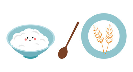 Rice bowl with spoon and rice plant on white backgrounds vector illustration.