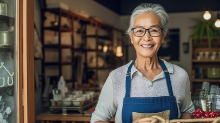 Obraz premium Portrait of a confident senior female shop owner holding open sign