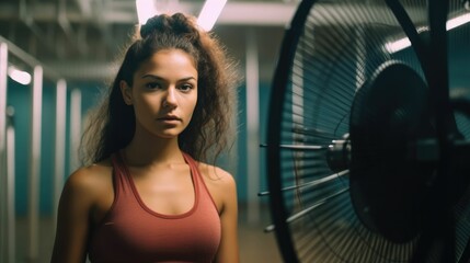 Fototapeta na wymiar Determined young woman standing at fan in gym
