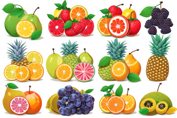 A set of exotic fruits and berries (lemon, orange, grapefruit, pear, grape, mulberry, pineapple) with green
leaves isolated on a white background.
Generative AI.