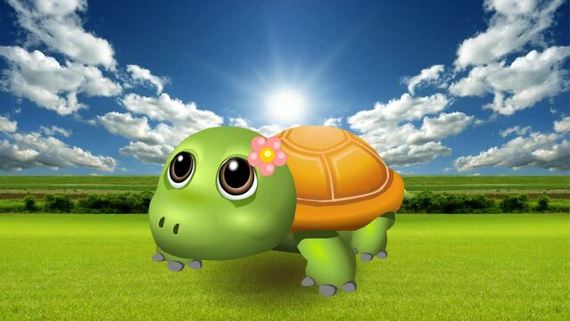 3d animation of cute baby turtle walking adorable , 2d animated background