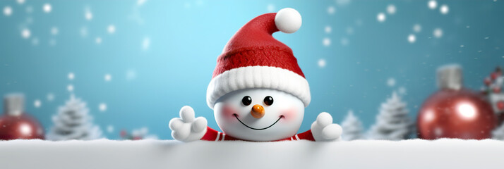 Festive 3D design snowman with blank Christmas banner. Merry Christmas wallpaper, background, banner or web design. Seasonal greeting card design with copy space. Generative AI.