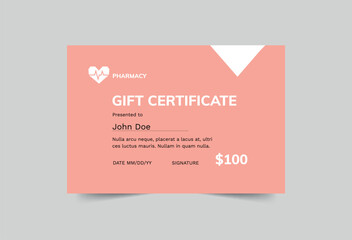 Pharmacy gift certificate template. A clean, modern, and high-quality design gift certificate vector design. Editable and customize template gift certificate