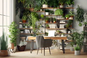 interior of Trendy Workspace with Plants and Minimalist Decor in Green and White Tones, Generative AI