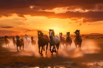 Fototapeta na wymiar herd of beautiful horses runs at sunset