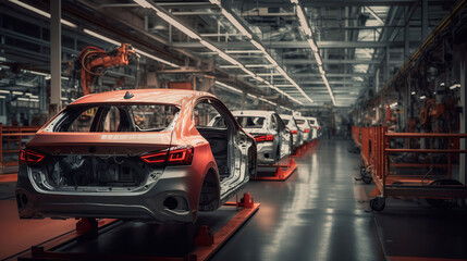 Fototapeta premium Innovative Technology and Skilled Labor, The Making of a Car in a Production Factory. Generative AI