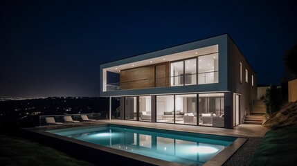 Fototapeta premium illustration, modern mansion with swimming pool, generative ai