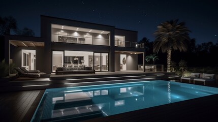 Fototapeta premium illustration, modern mansion with swimming pool, generative ai