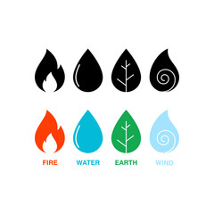 Four Elements (Fire, Air, Water, Earth) Symbols. Circle icon silhouette illustration vector