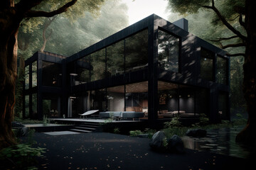 Fototapeta premium A house sitting in the middle of a forest. Generative AI
